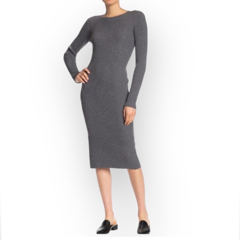 Theory Maxi Rib Mix Dress Noble Gray Long Sleeve Wool Blend Stretchy Size Med